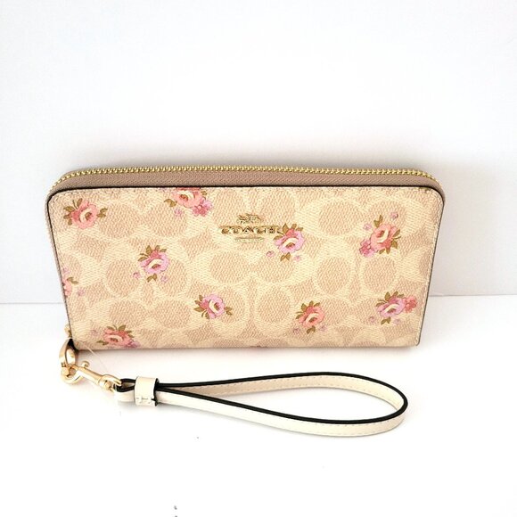Coach CAR06 Long Zip Around Wallet Floral Print Clutch Wristlet Sand - Picture 2 of 6